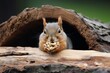 squirrel with cheeks full of cashews inside hollow log