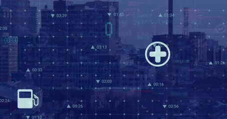 Poster - Animation of eco icons and data processing over cityscape background