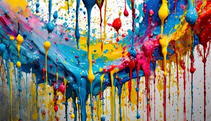 Canvas Print - Colorful acrylic paint dripping with liquid drops.