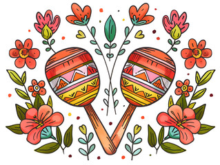 Illustration of maracas with flowers in cartoon style on a white background for a greeting card