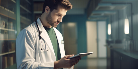 A doctor using digital data on a tablet, analyzing the patient's personal health status and information about his diagnosis.