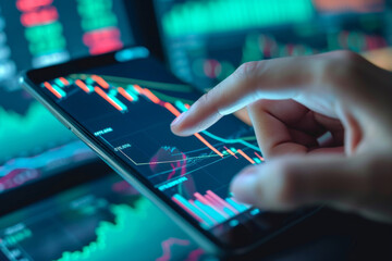 Poster - Digital technologies. Close-up of a man's fingers pointing at a phone with trading charts and quotes. A hand holds a phone against the background of a monitor with graphs. Internet technologies. 