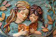 Mother and daughter read a story, illustrated in paper-cut style, Mother's day