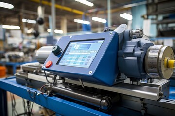 A close-up shot of a modern industrial densitometer, precisely calibrated and ready for use, set against a backdrop of a bustling factory environment