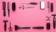 Shaving, Razor, brush, Comb, scissor, clippers and hair trimmer. Accessories for Barber shop equipment on pink background