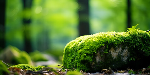  stone covered with green moss on a blurred forest generated ai