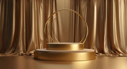 Golden podium with golden fabrics, background and mockup