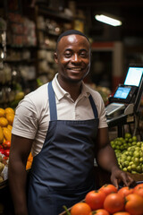 n African shopkeeper radiates warmth as she hands an EFTPOS machine, bridging worlds with every transaction. 