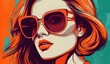 Fashion portrait of a model girl in sunglasses. Poster or flyer in trendy retro colors. Vector illustration created with generative ai