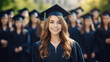 © Viktoriia - Portrait of beautiful happy girl in graduation attire among jubilant graduates in outdoor setting. Generative AI