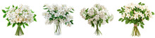 An Elegant Set Of Four White Jasmine Flower Arrangements, Including A Bouquet And A Vase, Isolated Against A Transparent Background, Showcasing The Delicate Blossoms And Green Foliage.