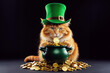 Portrait of a  ginger cat wearing green leprechaun hat with pot of gold coins. St. Patrick's Day concept.
