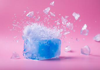  Blue ice block exploding into shards on pink pastel background