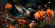 hummingbird feeding on flower, Colorful Hummingbird Feeding Showcase the delicate beauty of a hummingbird as it hovers near a vibrant flower, sipping nectar with its long, slender beak super realistic