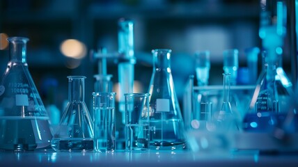 Poster - Laboratory Glassware on a Workbench in a Blue-Tinted Scientific Research Environment