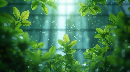 Poster - Building with eco-friendly features with green tree branches and sustainable glass for reducing heat and carbon dioxide. A green office building.