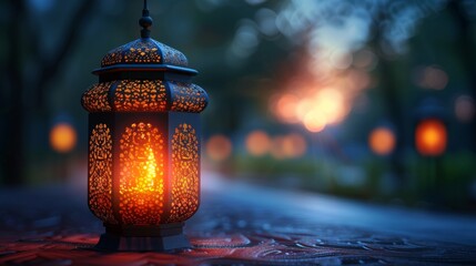 Wall Mural - A festive greeting card advertising Ramadan Kareem, the Muslim holy month. An ornamental Arabic lantern with a burning candle glows at night.