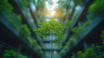 Poster - Focus on green and eco-friendly buildings with vertical gardens in modern cities. Tree forest on glass buildings with sustainable initiatives. Office buildings with green environments.