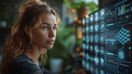 Poster - An investment strategy concept for ESG environment social governance. Women analyze ESG, surrounded by ESG icons on a computer screen.