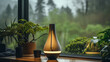 Beautiful modern lamp next to a window with a view