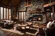 a winter cabin living room with a stone fireplace, cozy throws, and a warm ambiance.