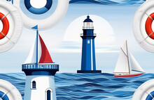 A Marine-themed Background With Lighthouses, Waves, Sailboats, And A Lifebuoy. White, Red, And Blue Colors.