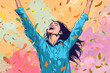 © Joose - illustration of woman celebrating success in her life while being covered in confetti. generative ai.