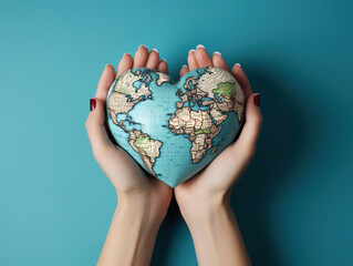 Wall Mural - Wooden hand holding earth globe on a blue background