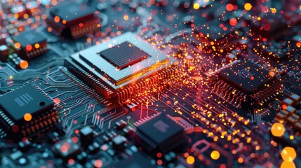 Poster - Digital data moving on circuit board and integrated microchip backgrounds. Computer processing and organizing data. High tech Artificial intelligence and modern computer technology surface