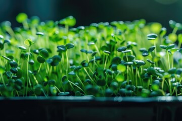 Fresh microgreens growing in planter, illuminated by a grow light