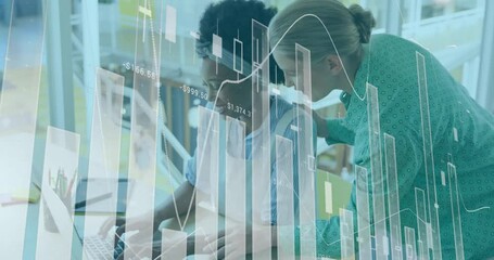 Sticker - Animation of financial data processing over diverse business people in office