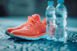 Close-up of a athletic footwear and water bottle. Concept of healthy living, hydration, fitness, exercise routine, active and healthy life
