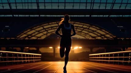 Wall Mural - Side view of silhouette of woman running forward in darkness on stadium only with two lights from two sides.