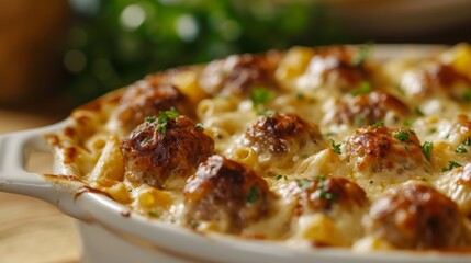 Poster - A casserole dish with meatballs and cheese