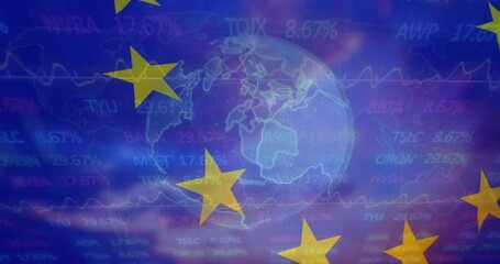 Poster - Animation of financial data processing over globe and flag of european union