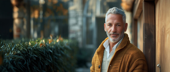 A middle-aged man with gray hair and a gray beard looks at the camera and smiles. Retired life concept. Free time for a pensioner. An elderly well-groomed man.