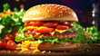 © Fydorov - Close-up of homemade beef burger on a wooden table. Fast food.