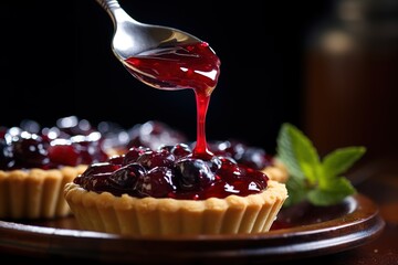 cake filled with strawberry jam with a spoon pouring the jam