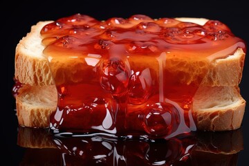 Melted strawberry jam on toast on black background