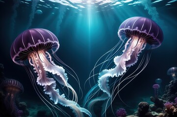 Wall Mural - Fairytale jellyfish swim underwater in the sea, ocean