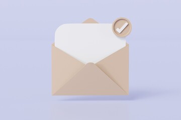 Fototapete - 3D Brown Letter with checklist in envelope completed icon element. Minimal Email envelope with checklist in envelope icon. newsletter concept. Isolated on purple background. 3d rendering illustration.