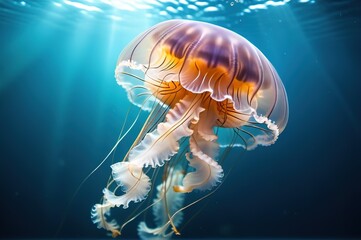 Wall Mural - Orange jellyfish swims in blue sea waters