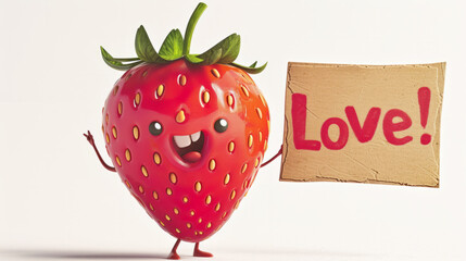 Wall Mural - A cartoon strawberry holding a sign that says love