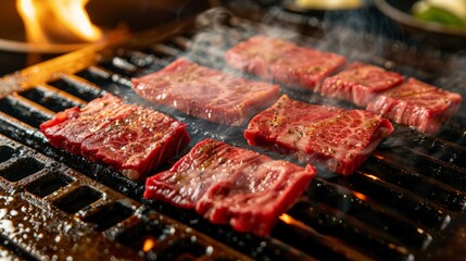 Wall Mural - Raw beef slice for barbecue japanese style, yakiniku. Meats are being cooked on the stove in a japanese restaurant