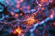 Abstract illustration of brain cells transmitting impulse and glowing bright orange on a dark blurred background