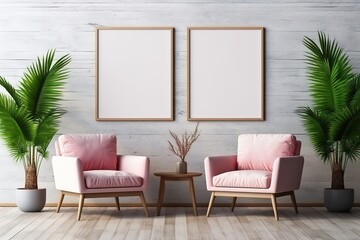 Mockup of two empty framed paintings over pink armchairs, coffee table and potted plants in living room interior