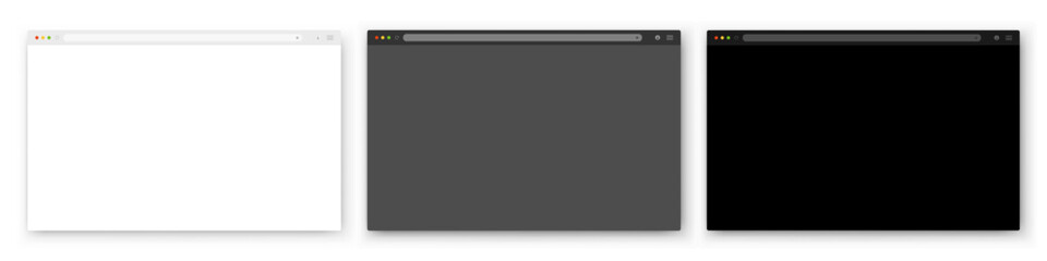 Fototapete - A set of three browser windows in white, gray and black on a white background. Website layout with search bar, toolbar and buttons. Vector illustration.