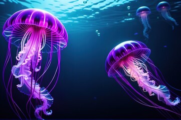 Wall Mural - Fabulous neon bright purple jellyfish in the ocean