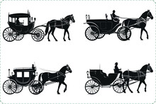 Silhouettes Of Carriage And Horse, Carriage Silhouettes,  Black Silhouettes Of Carriage And Horse Isolated On A White Background