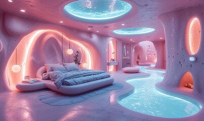 Wall Mural - A modern bedroom with a swimming pool and neon lights